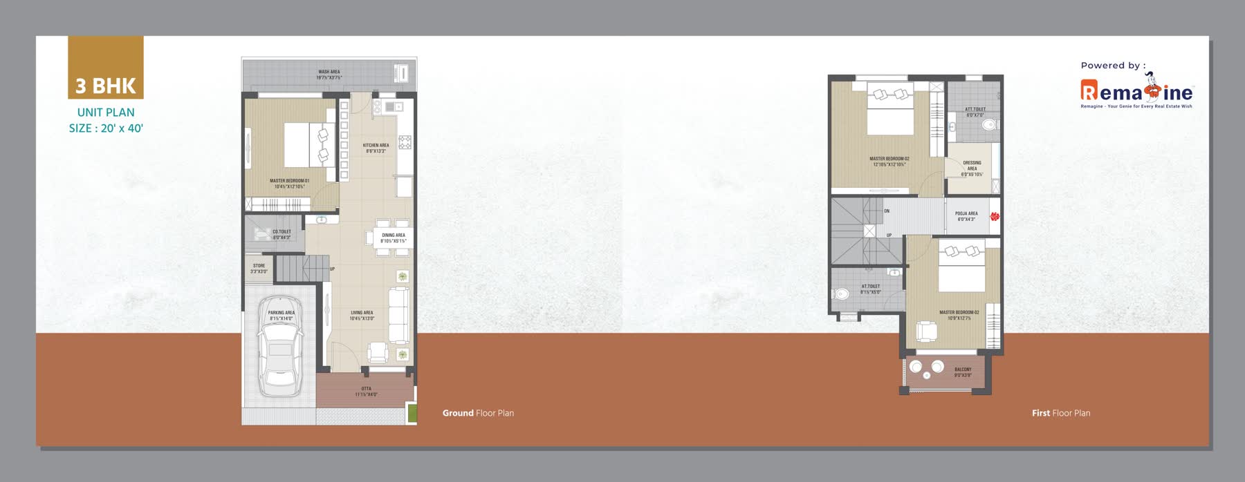 3 BHK unit plan · 20′×40′ plot · Ground + First floor