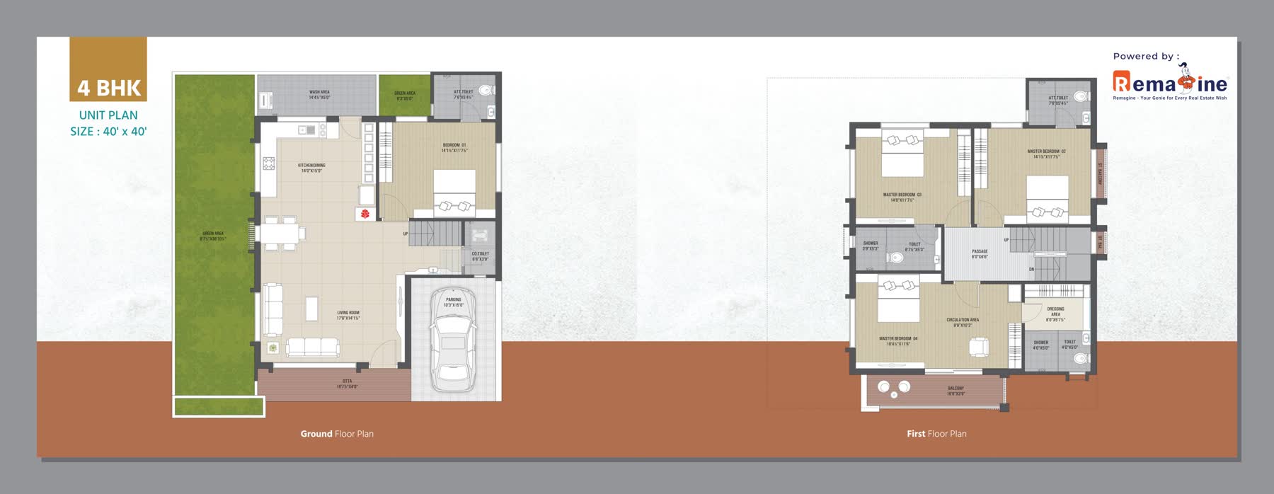 4 BHK unit plan · 40′×40′ plot · Ground + First floor
