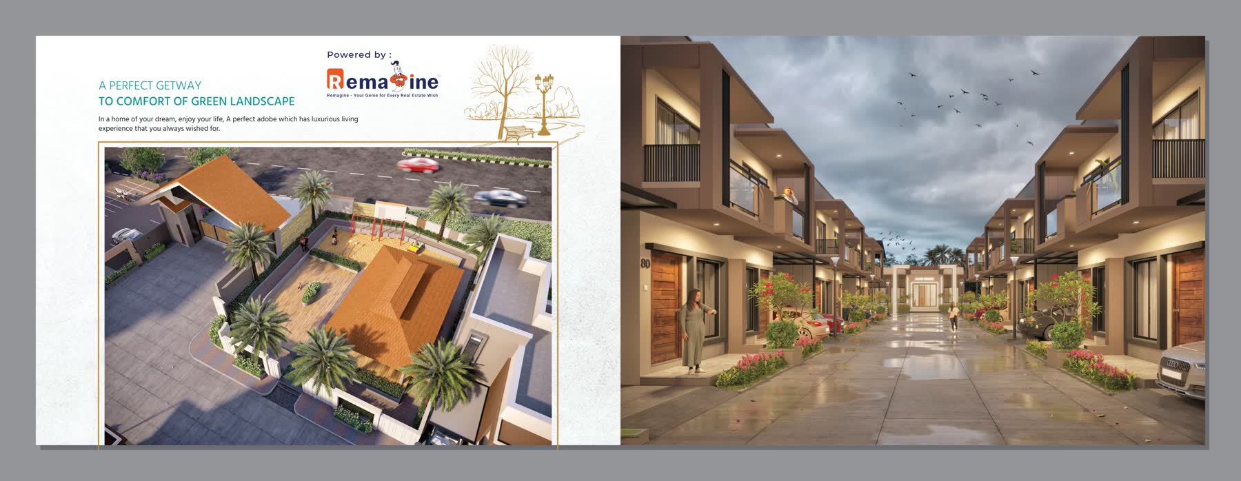 Green landscape avenue with row of villas