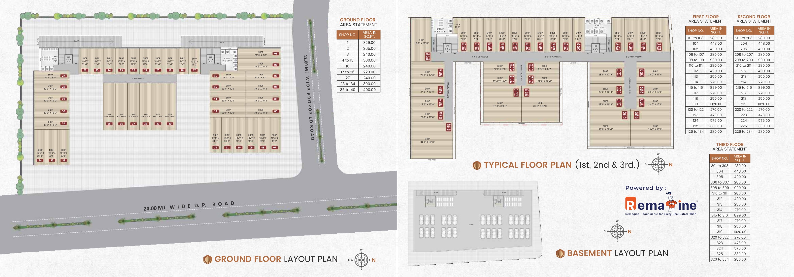 Ground, typical & basement layout plans