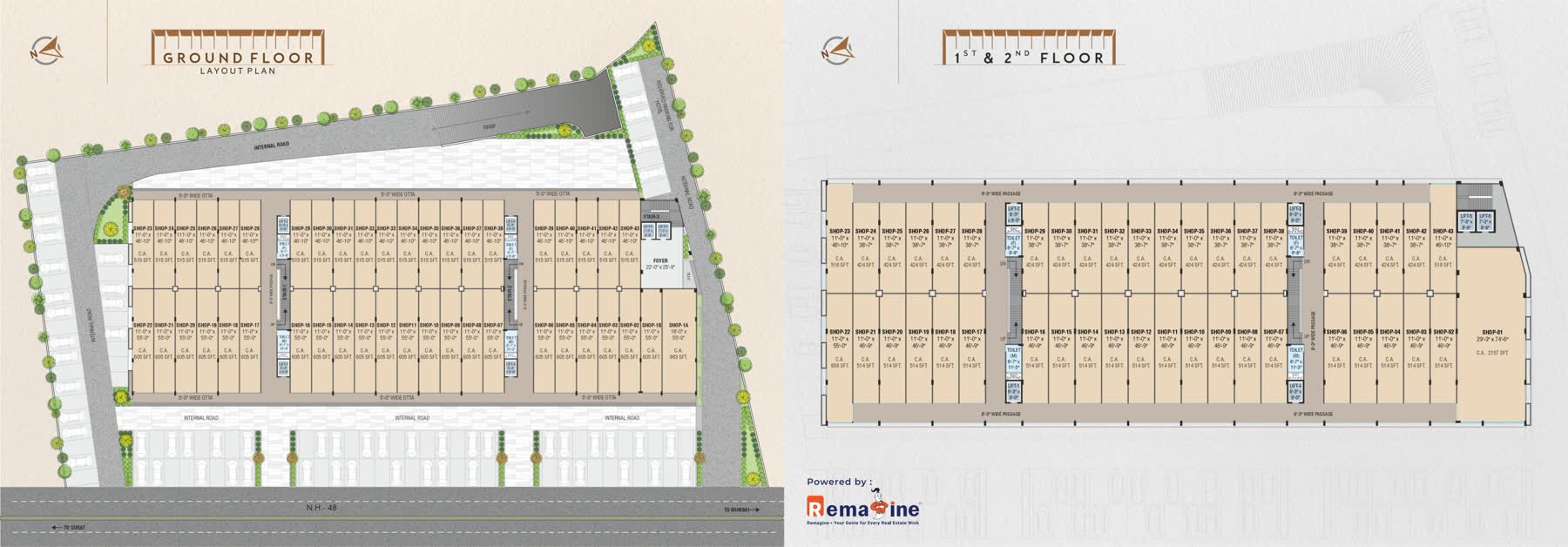 Ground floor layout — 43 highway-facing shops + anchor