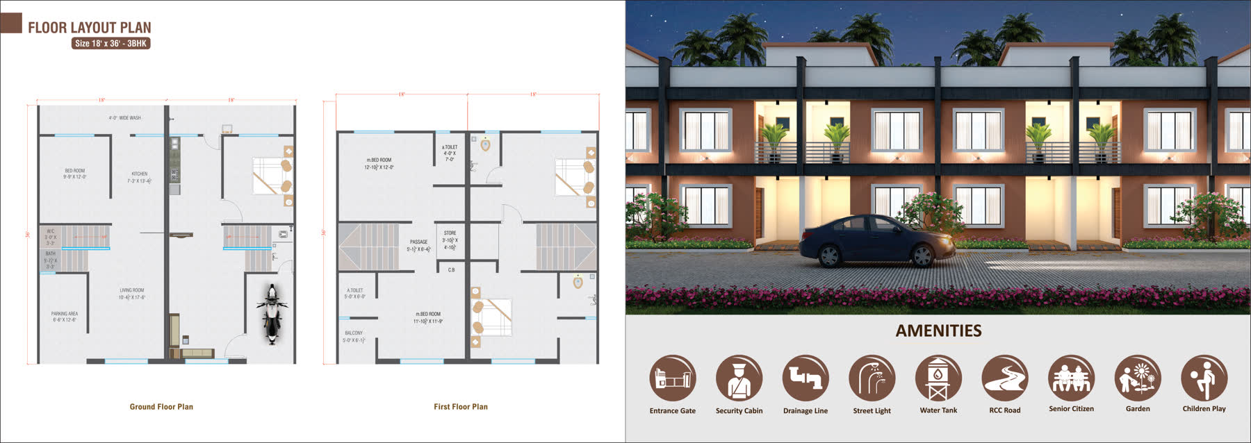 3 BHK layout · 18′×36′ plot · Ground + First floor